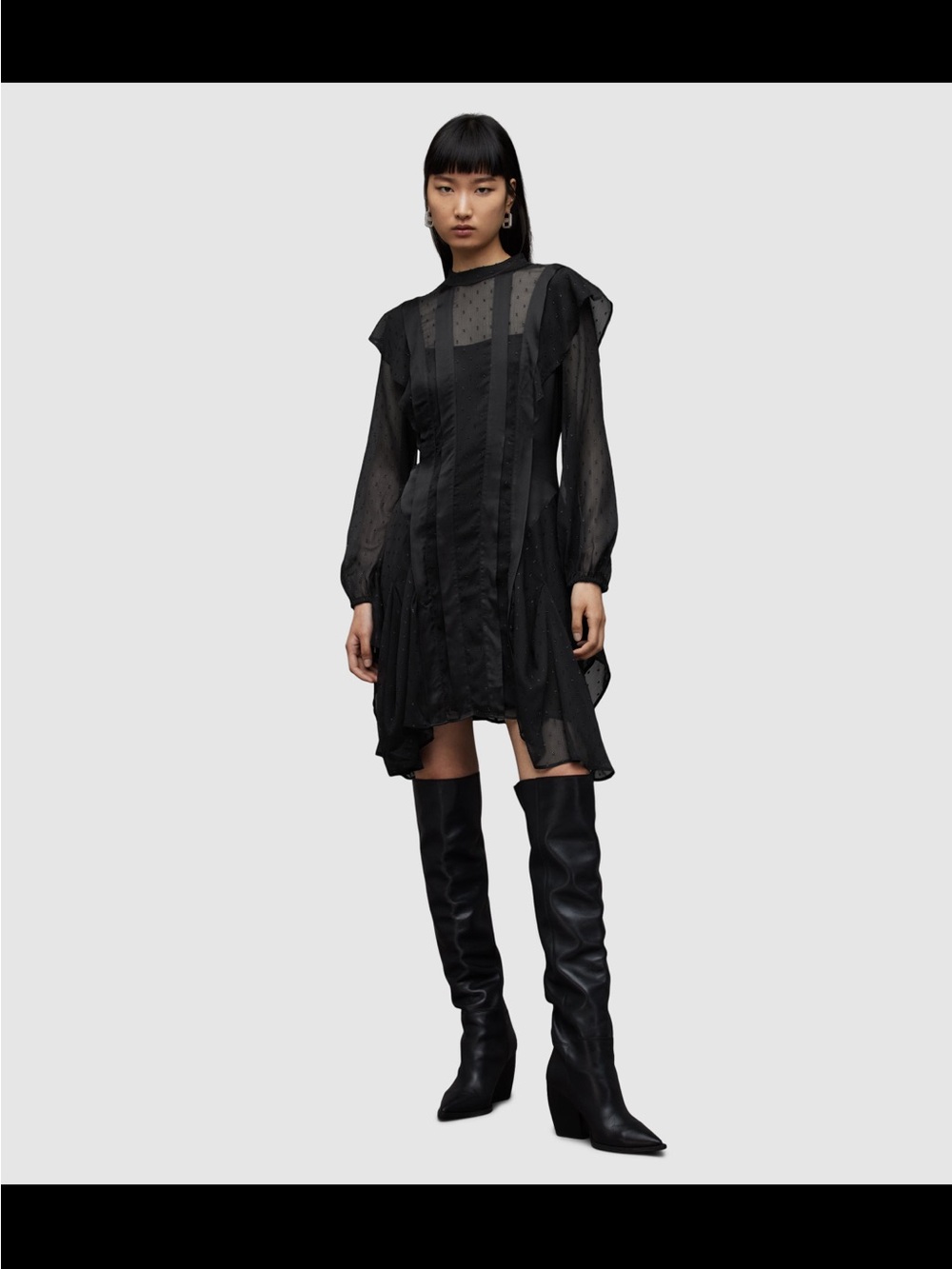 All Saints Black Sheer Ruffle Mini Dress with Panel Details
